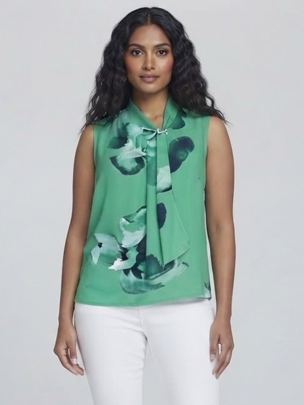 Halston Heritage Green Floral Tie-Neck Blouse